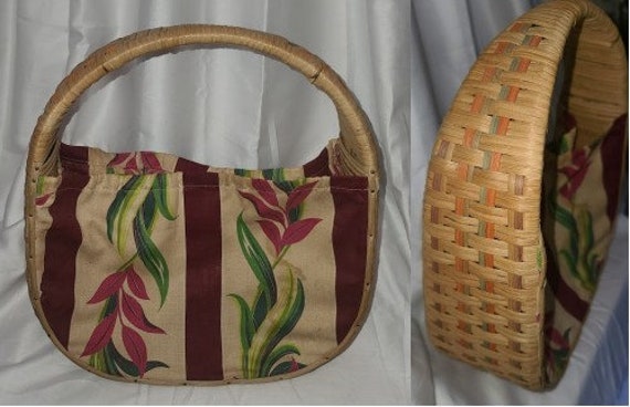 Vintage 1940s Purse Wicker Straw Floral Print Fabr