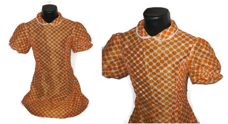 SALE Vintage Girls Dress 1950s 60s Girl Nylon Dress Orange White Polka Dot Dress German Mod Lolita Kids Teenager chest to 32 in,