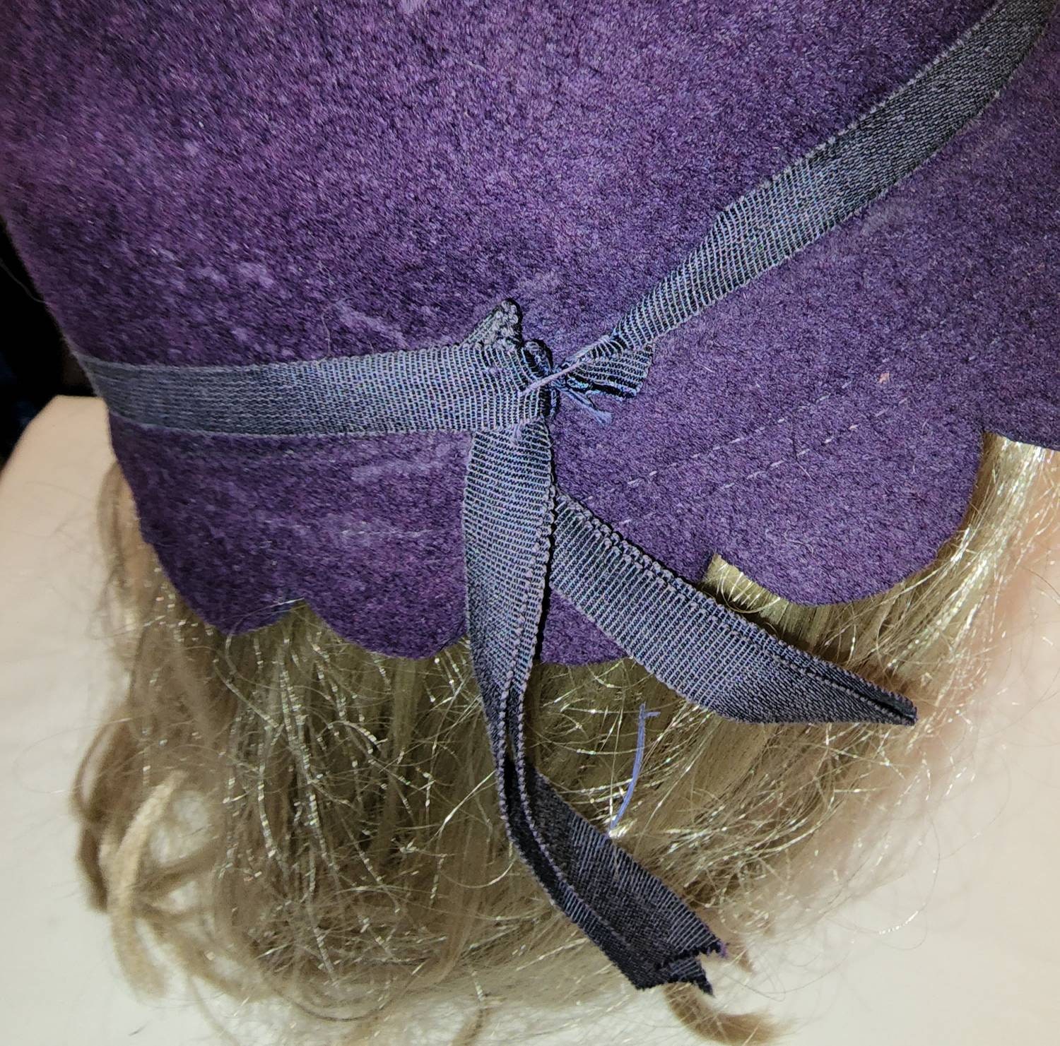 Vintage Felt Hat 1960s Round Purple Wool Felt Hat Scalloped Edges Black