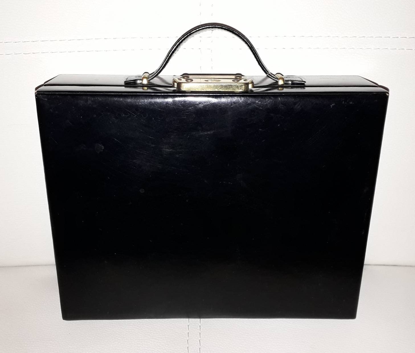 Vintage Jewelry Case 1950s 60s Hard Black Leather Jewelry Travel Train