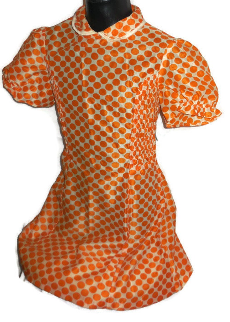 SALE Vintage Girls Dress 1950s 60s Girl Nylon Dress Orange White Polka Dot Dress German Mod Lolita Kids Teenager chest to 32 in,
