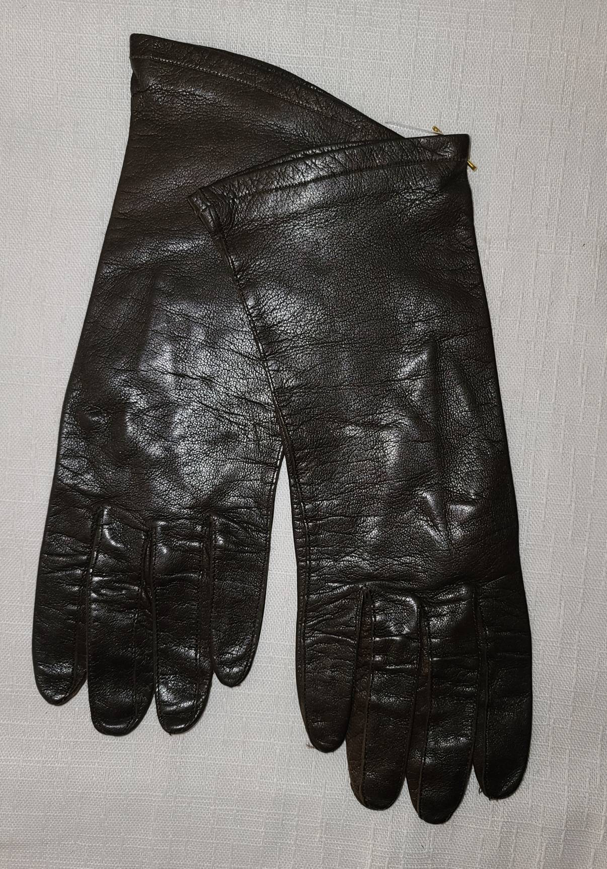 Vintage Leather Gloves 1950s 60s Thin Dark Brown Soft Black Midlength Leather Gloves Rockabilly