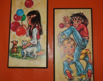 Pair of Vintage 1960s 70s Big Eye Kids Wall Plaques Small Pictures Wall Hangings German Pop Mod Go Go Balloons Dogs Couple  10 x 5 inches