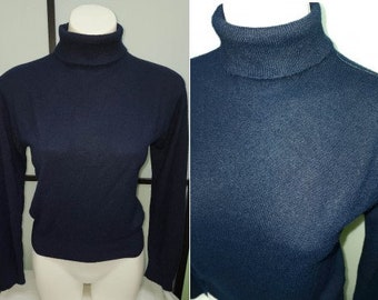 Vintage Sweater Top 1960s Dark Blue Acrylic Long Sleeve Turtleneck Sweater Mid Century Rockabilly Boho L