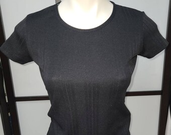 Vintage 1970s Top Black Short Sleeve Pullover Top Vertical Line Pattern Disco Boho S