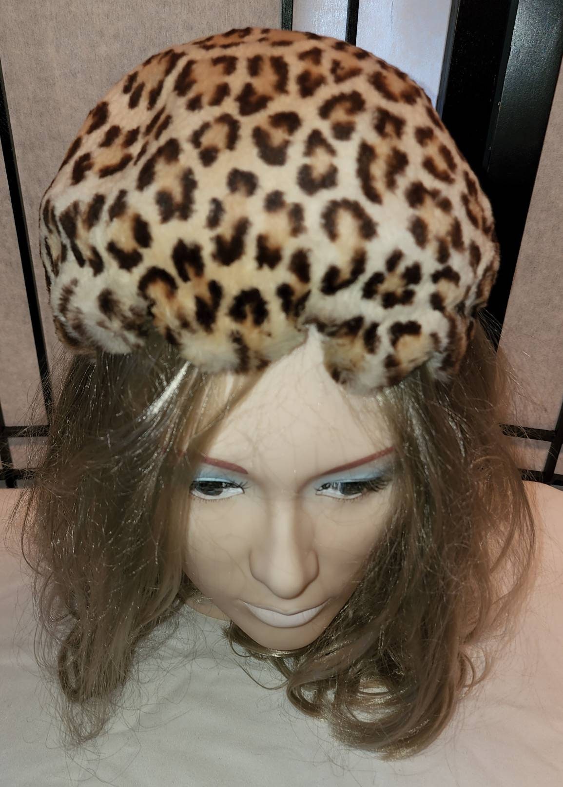 Vintage Leopard Hat 1950s Round Leopard Print Faux Fur Half Hat Points