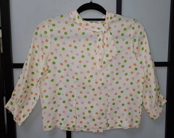 Vintage 1950s 60s Blouse Multicolor Polka Dot Rayon Back Button Blouse Neck Bow Rockabilly Pinup Mod S light age stains