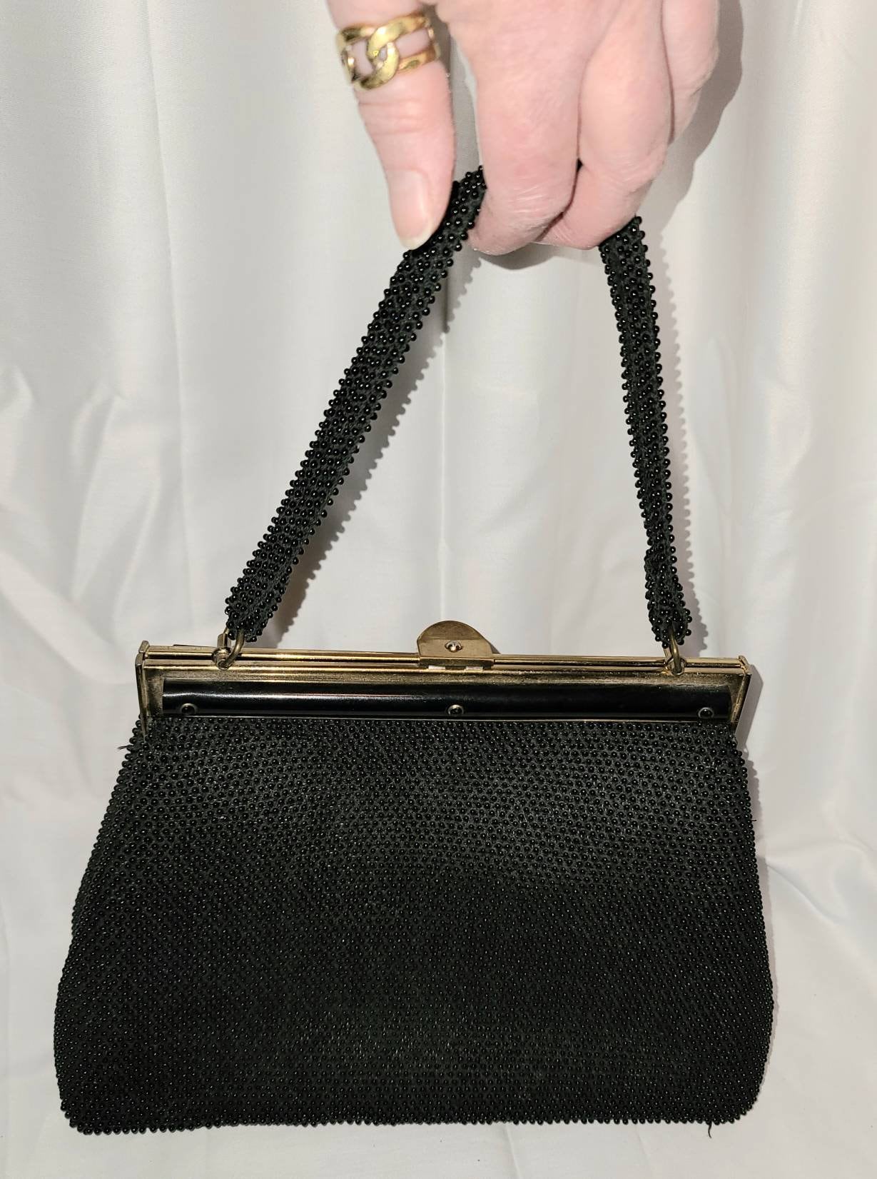 SALE Vintage Beaded Purse 1950s Black Tiny Bead Handbag Top Handle