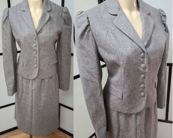 Unworn Vintage Women's Suit 1970s does 30s Fitted Gray Wool Blend Skirt Suit JH Collectibles Art Deco S M