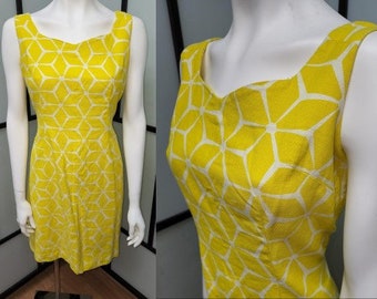 Vintage 1960s Dress Bright Yellow White Geometric Pattern Cotton Pique Short Dress Marta D Mod Boho L