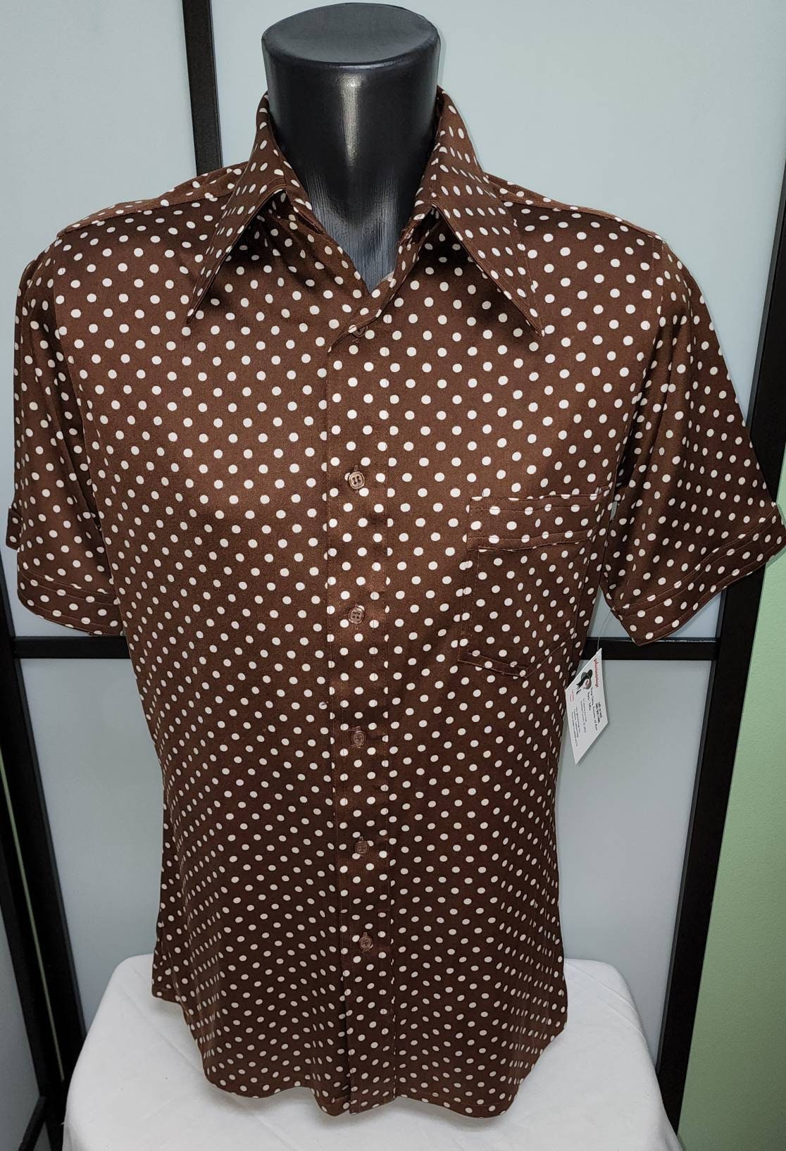 Vintage Men's Shirt 1970s Fitted Brown White Nylon Polka Dot SS Shirt