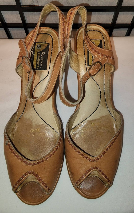 Vintage Rockport Sandals 1970s 80s Tan Leather Wedge … Gem