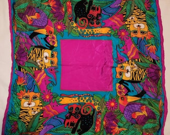 Vintage Silk Scarf 1960s 70s 80s Bright Abstract Pop Art Jungle Animal Print Boho 21 sq. in.