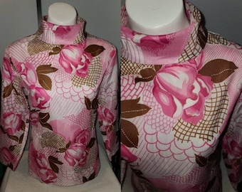 Vintage 1960s Blouse Thin Polyester Brown Pink Abstract Rose Print Zip Back High Collar Tunic Top Boho M