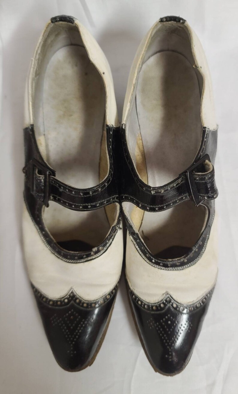 Vintage 1920s Shoes Unique Black White Leather Spectator Wing | Etsy