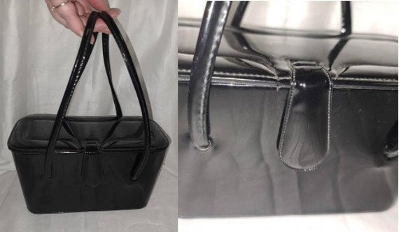 Vintage Box Purse 1950s Black Vinyl Box Bag Picnic