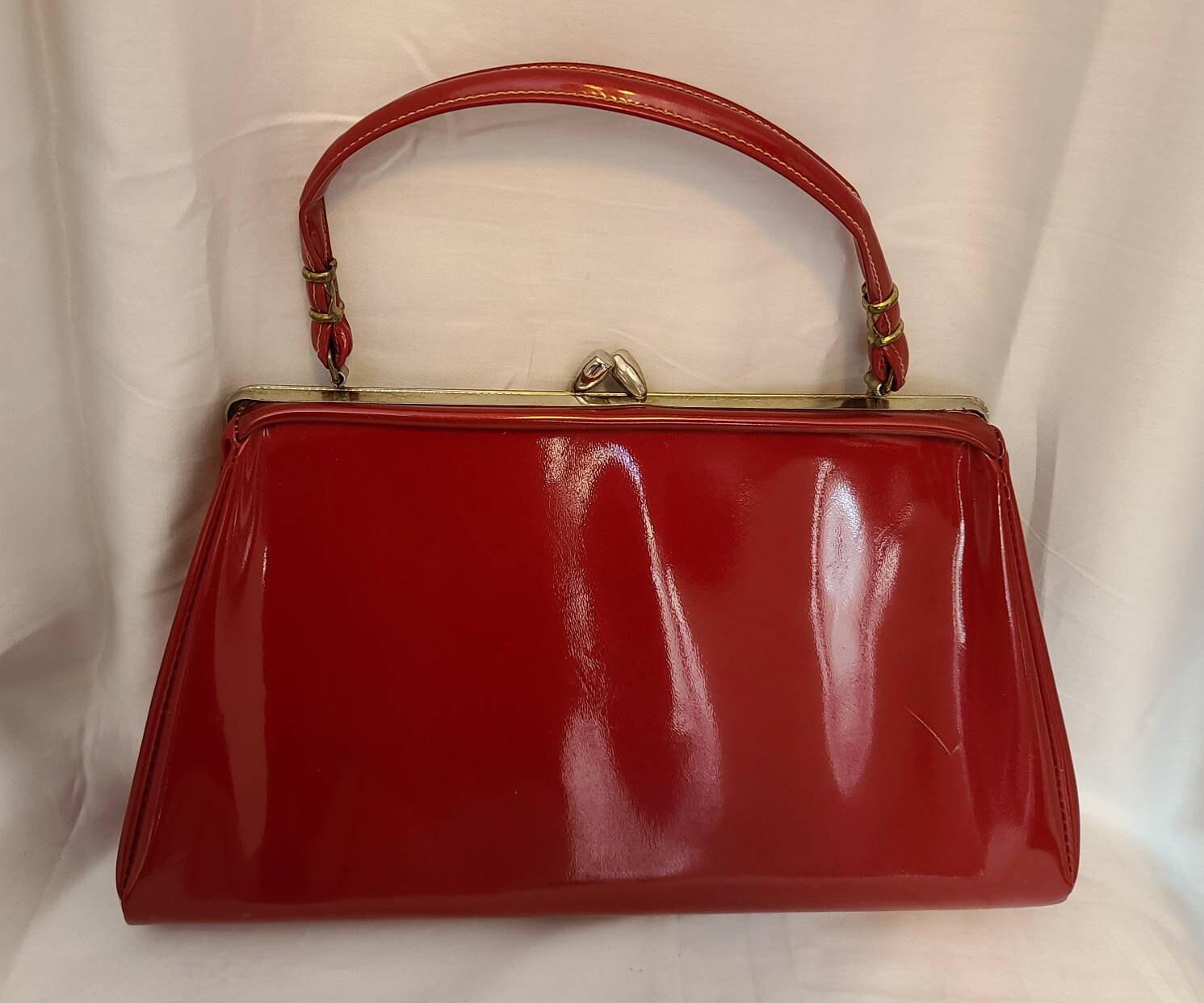 Vintage 1950s Purse Large Shiny Cherry Red Vinyl Purse Rockabilly