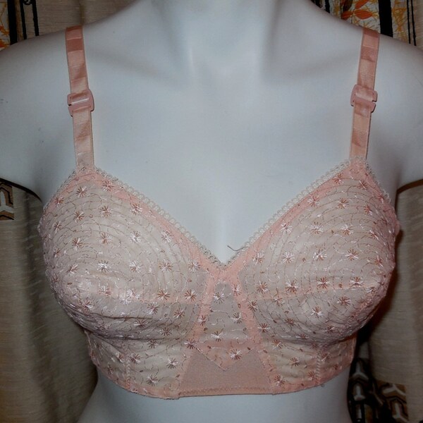 DEADSTOCK Vintage 1950s Triumph Bra Pink Sheer Nylon Bullet Bra Floral Embroidery Perlon Unworn Pinup Rockabilly NWT NOS est sz 34 75