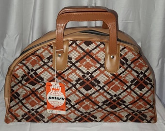 Unused Vintage Bag 1960s Tan Brown Cream Orange Woven Argyle Pattern Vinyl Carry On Sports Bag Unused Luggage NWT Mod