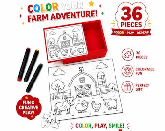 Kleur je eigen boerderijpuzzel | 36-delige kleurpuzzel met opbergdoos | Montessori-speelgoed | Educatief cadeau voor kinderen | 3D-geprint