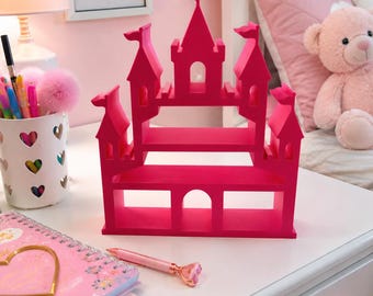 Bureau-organizer in de vorm van een prinsessenkasteel | Sprookjesachtige display voor minifiguren | Decoratie voor meisjeskamer | 3D-geprinte kasteelplank | Bureau voor de babykamer