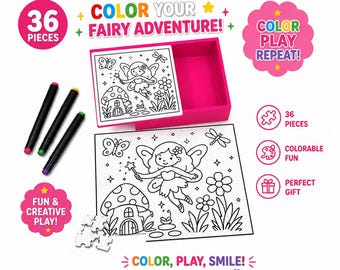 Kleur je eigen feeënpuzzel | 36-delige kleurpuzzel met opbergdoos | Kinderactiviteit | Montessori-cadeau | Kleur de afbeelding