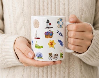 Nantucket kustmok | Koffiemok met hortensia en vuurtoren | Nautische strandmok | Zomerse keramische mok | Kustcadeau voor oma