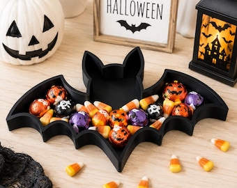 Snoepschaal in de vorm van een vleermuis, Halloween traktatieschaal, 3D-geprinte griezeldecoratie, gotisch tafelstuk voor een feestje