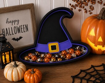 Snoepschaal in de vorm van een heksenhoed, Halloween traktatiehouder, 3D-geprinte griezelige tafeldecoratie, Halloween feestdecoratie