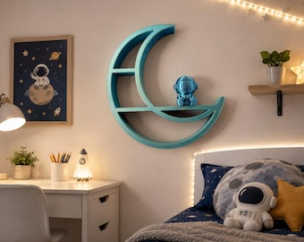 Ruimte-maan wandplank, astronauten babykamerplank, kinderkamer wanddecoratie, 3D-geprinte maanplank, ruimte babykamerdecoratie, zwevende displayplank