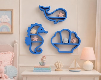 Wandplankenset met oceaanmotief | Zwevende planken met walvis, zeepaardje en schelp | Wanddecoratie voor de kinderkamer | Mini displayplanken | 3D-geprint
