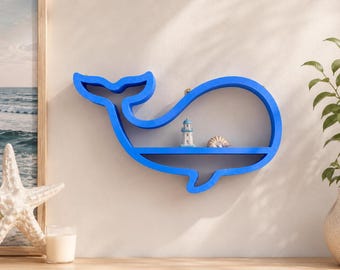 Wandplank met blauwe walvis | 3D-geprinte nautische plank voor de kinderkamer | Oceaan decoratie | Displayplank voor de kinderkamer | Miniatuur wandplank