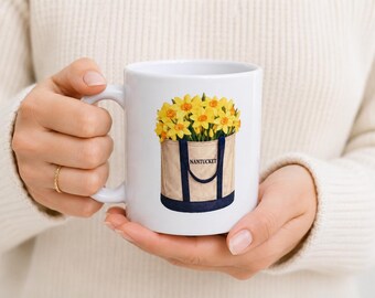 Nantucket Narcis Draagtas Mok | Kustthema Koffiemok | Keramische Mok met Bloemenprint | Cadeau geïnspireerd op Nantucket | Mok met Lentebloemen