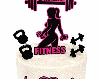 Gepersonaliseerde fitness taarttopper | Gym verjaardagstaarttopper | Workout thema | Taartdecoratie met eigen naam | Vrouwenverjaardagsfeest