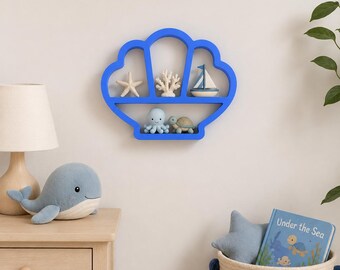 Schelpvormige wandplank voor miniaturen | Kustthema wanddecoratie voor kinderkamer | 3D-geprinte wandplank | Oceaanthema kamerdecoratie | Strandhuisplank