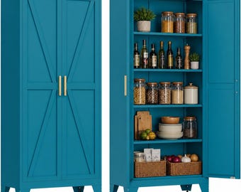 Tall Metal Farmhouse Pantry Cabinet, Freestanding Kitchen Storage Organizer