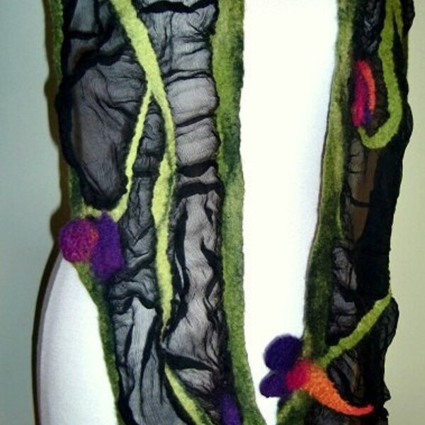 Black nuno felted long scarf with exotic flowers - under 100 fashion gift