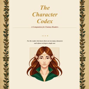 May include: A book cover for "The Character Codex" by The Chronicler Press. The cover features a gold-colored title and a portrait of a woman with long brown hair and pointed ears. The book is described as "A Companion for Fantasy Readers."