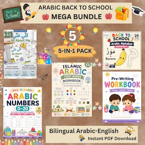 May include: An Arabic back to school mega bundle 5-in-1 pack featuring five educational workbooks for children. The collection includes worksheets for Arabic alphabet, numbers 0-20, first words, pre-writing skills, and an All About Me activity set.