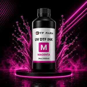 May include: A black bottle of magenta UV DTF ink, labeled "TF FARM." The label includes the text "UV DTF INK," a magenta "M," and "34oz (1000ml)." The image features a magenta splash effect and neon pink accents against a black background.