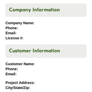 May include: A deck estimate and material takeoff form for contractors and deck builders. The form includes sections for company and customer information, and deck details. The title is in large, bold, green text.