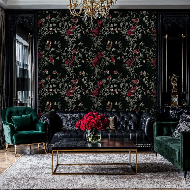 Dark Rose Floral Wallpaper: Black Moody Botanical Pattern Peel and ...