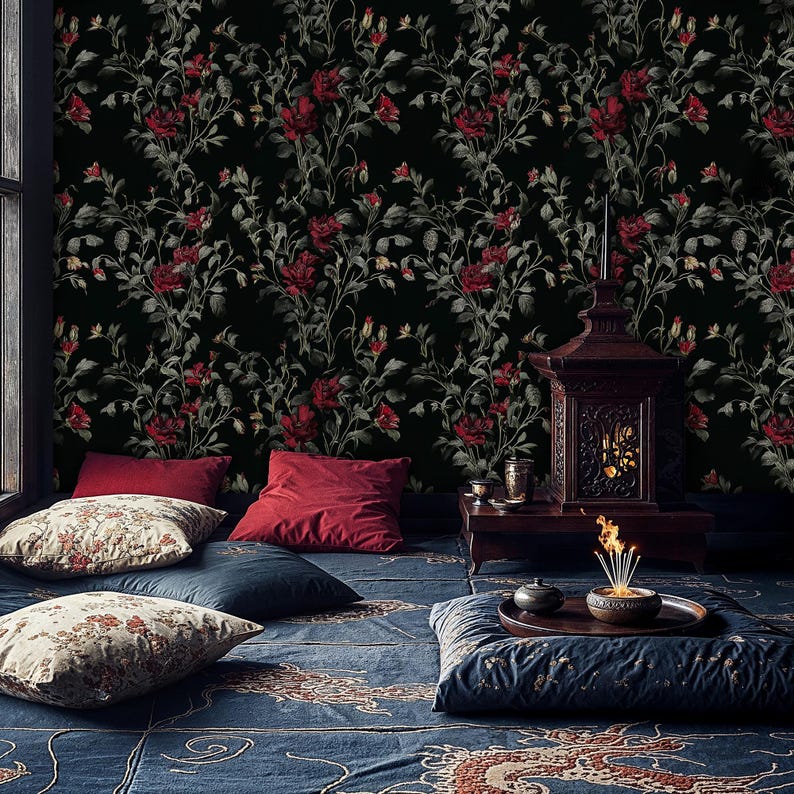 Dark Rose Floral Wallpaper: Black Moody Botanical Pattern Peel and ...
