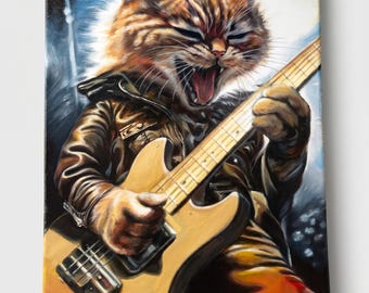 Ritratto personalizzato di un animale domestico rockstar dipinto a mano, gatto con chitarra vintage, dipinto ad olio su tela, icona musicale, opera d'arte animale, regalo heavy metal personalizzato
