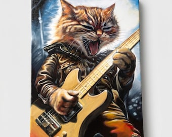 Custom Hand Painted Rockstar Pet Portrait Vintage Guitar Cat Painting Oil Canvas Music Icon Animal Artwork Personalized Heavy Metal Gift