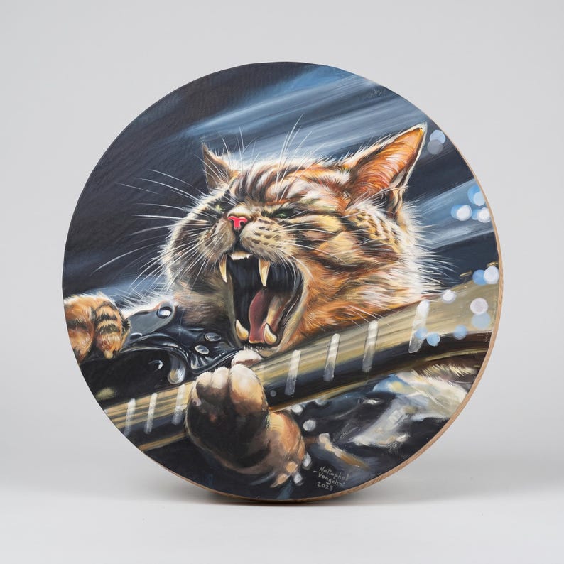 Custom Rockstar Cat Portrait Oil Painting: Vintage Guitar Music Icon ...