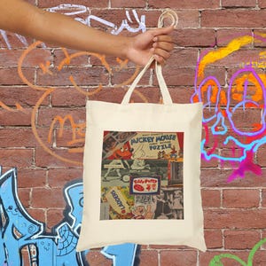 Vintage Collage Tote Bag | Retro Cartoon Print, Mickey Mouse Puzzle Canvas Bag image 11
