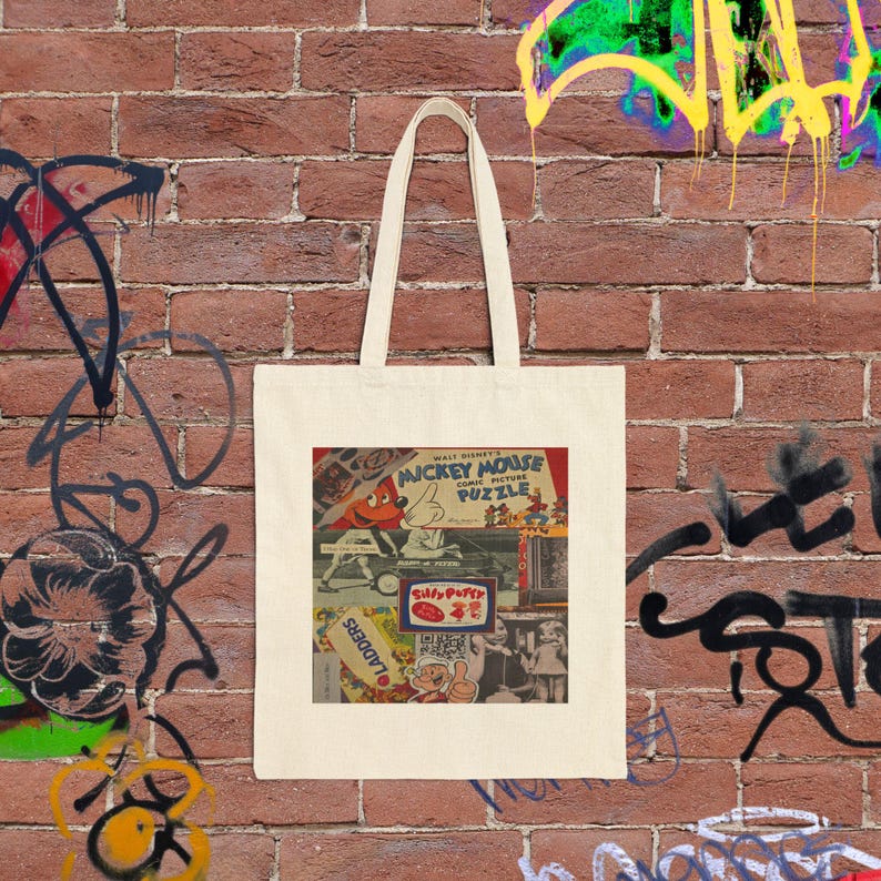 Vintage Collage Tote Bag | Retro Cartoon Print, Mickey Mouse Puzzle Canvas Bag image 2