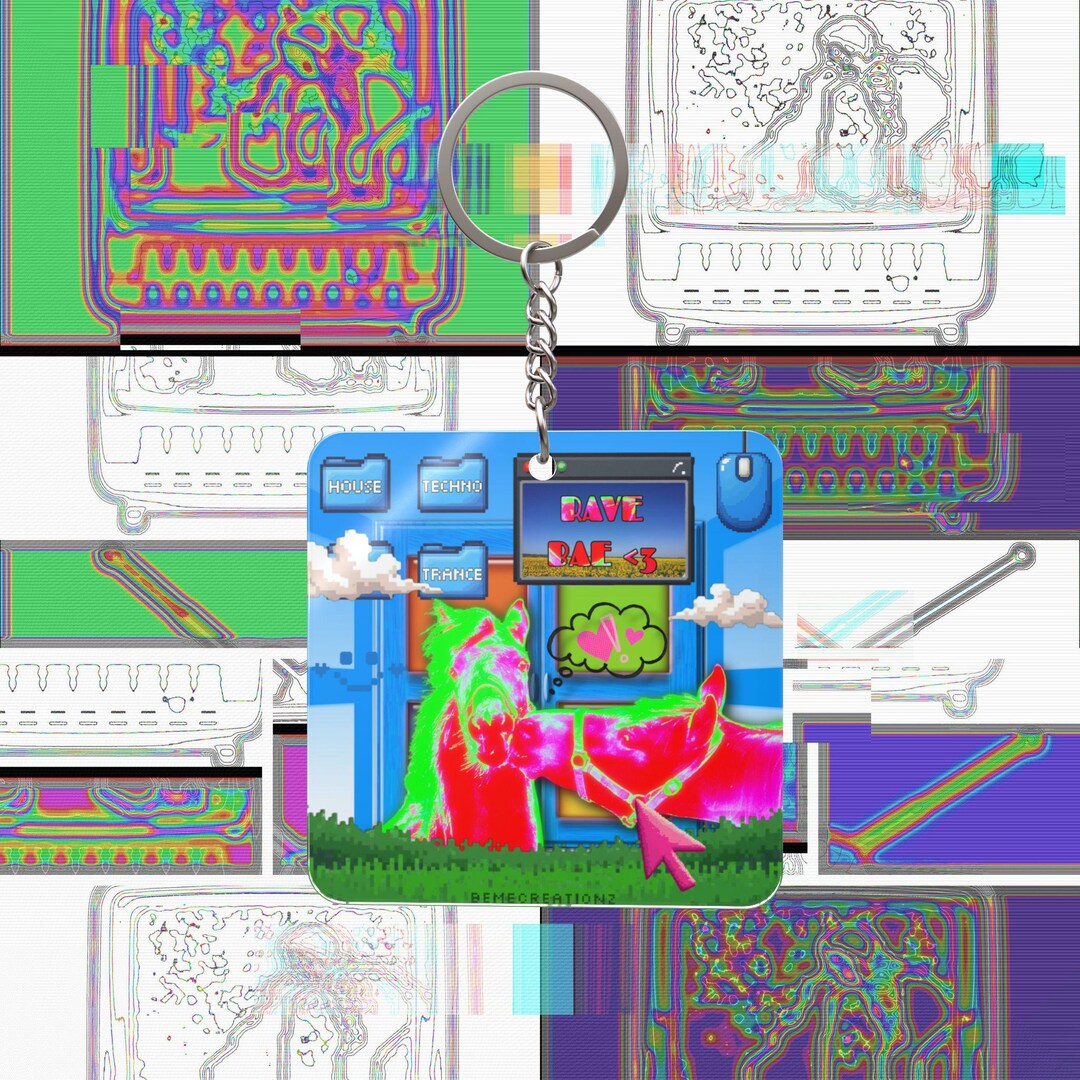 Rave Bae Horse Pixel Art Square Keychain | Retro Raver Festival Charm ...