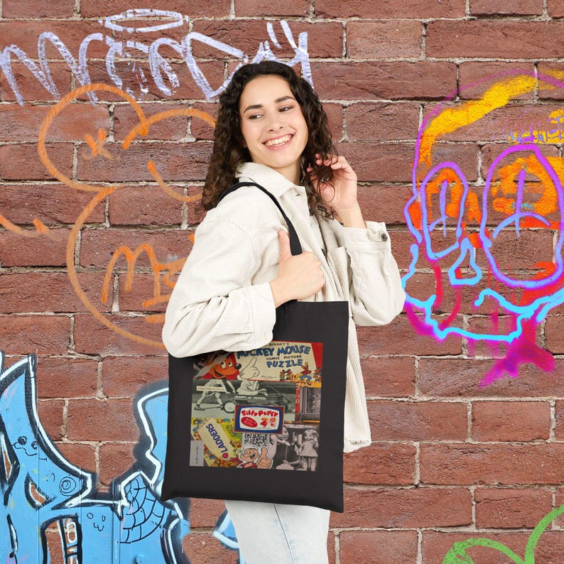 Vintage Collage Tote Bag | Retro Cartoon Print, Mickey Mouse Puzzle Canvas Bag image 10